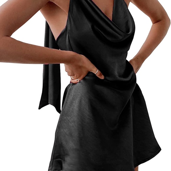 NWT Black Silk Cowl Neck Dress w long Tie - Picture 1 of 3